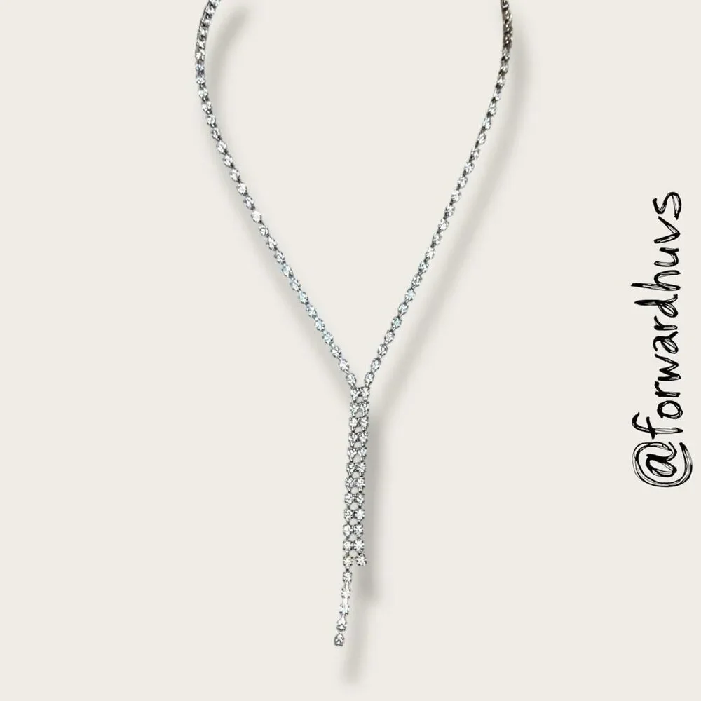 AVON Rhinestone Y-Necklace – Silver Tone – Double Strand Drop